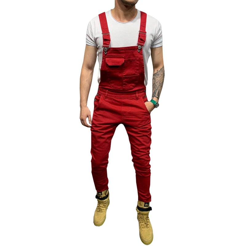 LONGBIDA Men's Denim Bib Overalls Fashion Slim Fit Jumpsuit with Pockets(Red,XL) - Image 1